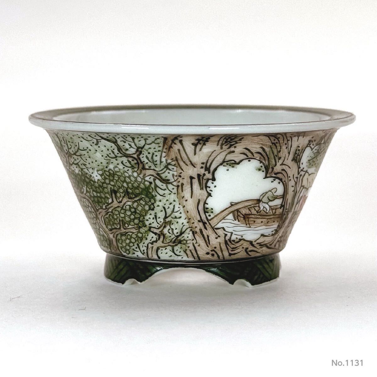 【谷樂方山】色絵山水人物図丸鉢　小鉢　盆栽／鉢／植木鉢