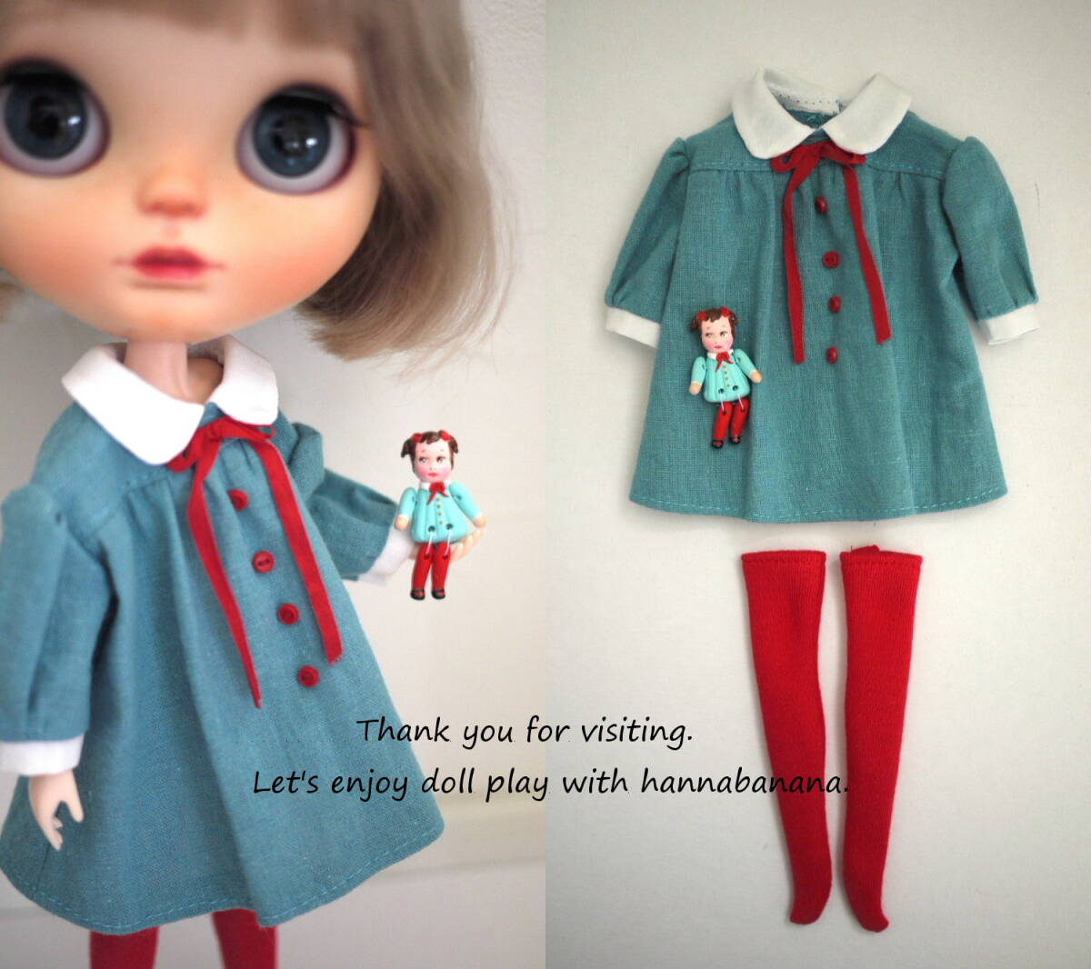 090* アメリカ作家さん超ミニチュアドール＋お揃いハンドメイドブライスサイズお洋服セット