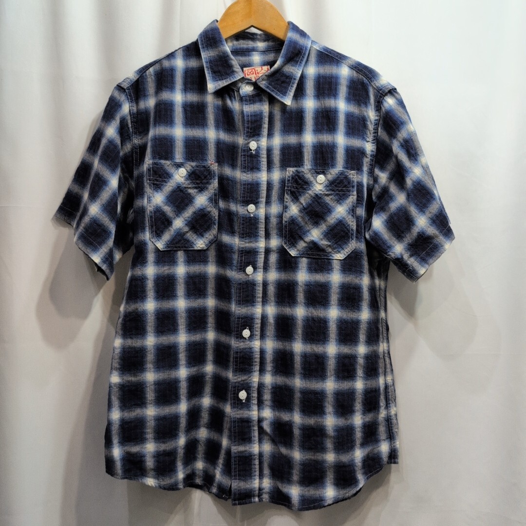 児島ジーンズ オンブレチェック 半袖 ワークシャツ L メンズ 日本制 半袖シャツ/桃太郎ジーンズ/fob factory/ジャパンブルージーンズ