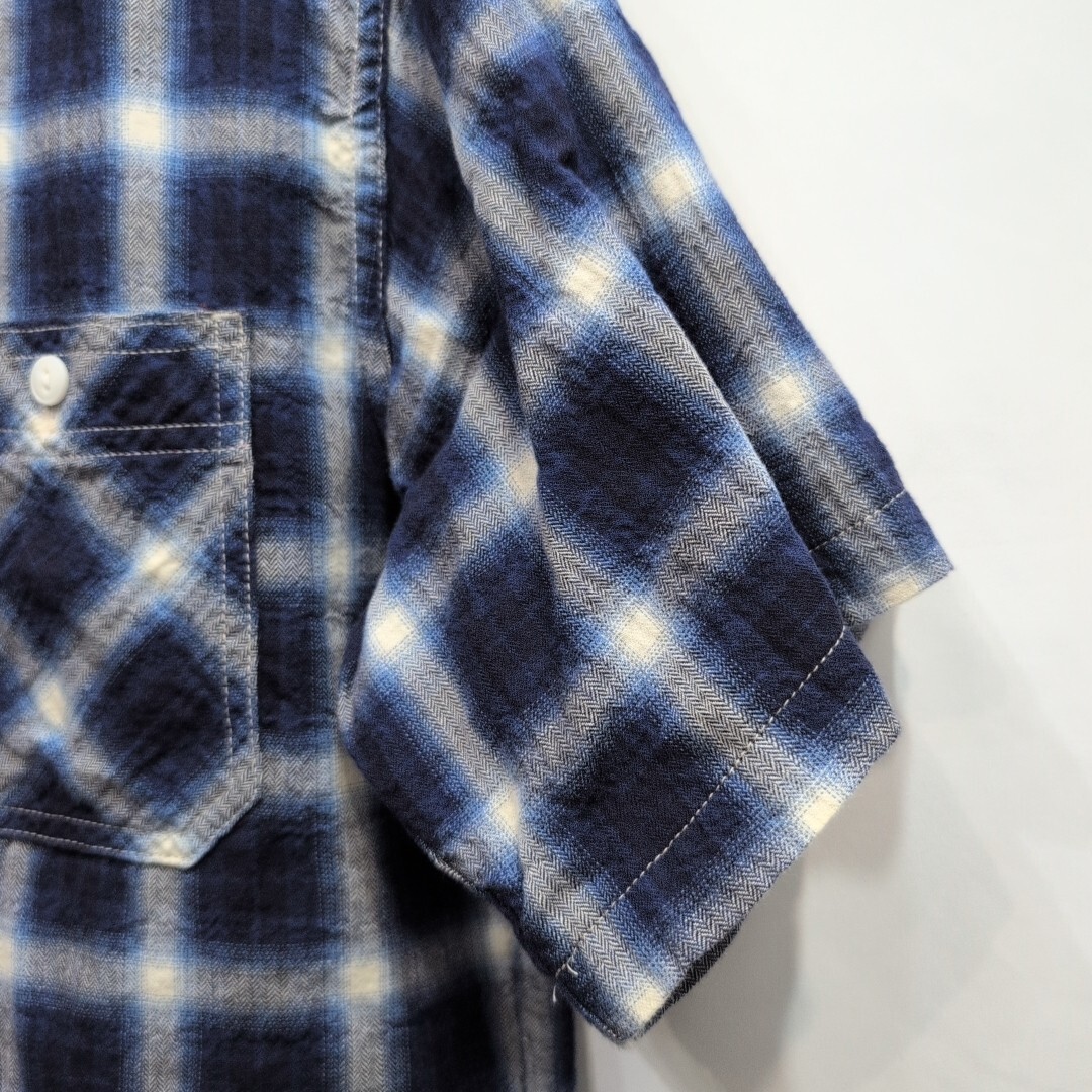 児島ジーンズ オンブレチェック 半袖 ワークシャツ L メンズ 日本制 半袖シャツ/桃太郎ジーンズ/fob factory/ジャパンブルージーンズ