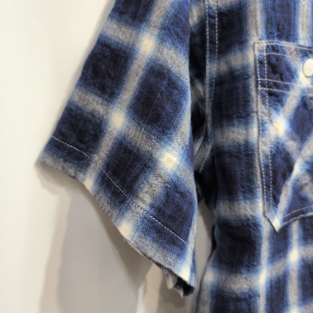 児島ジーンズ オンブレチェック 半袖 ワークシャツ L メンズ 日本制 半袖シャツ/桃太郎ジーンズ/fob factory/ジャパンブルージーンズ