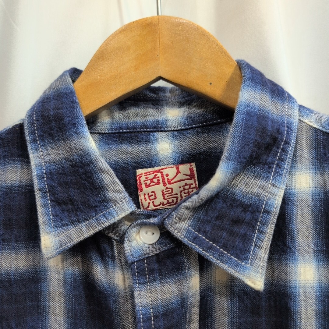 児島ジーンズ オンブレチェック 半袖 ワークシャツ L メンズ 日本制 半袖シャツ/桃太郎ジーンズ/fob factory/ジャパンブルージーンズ