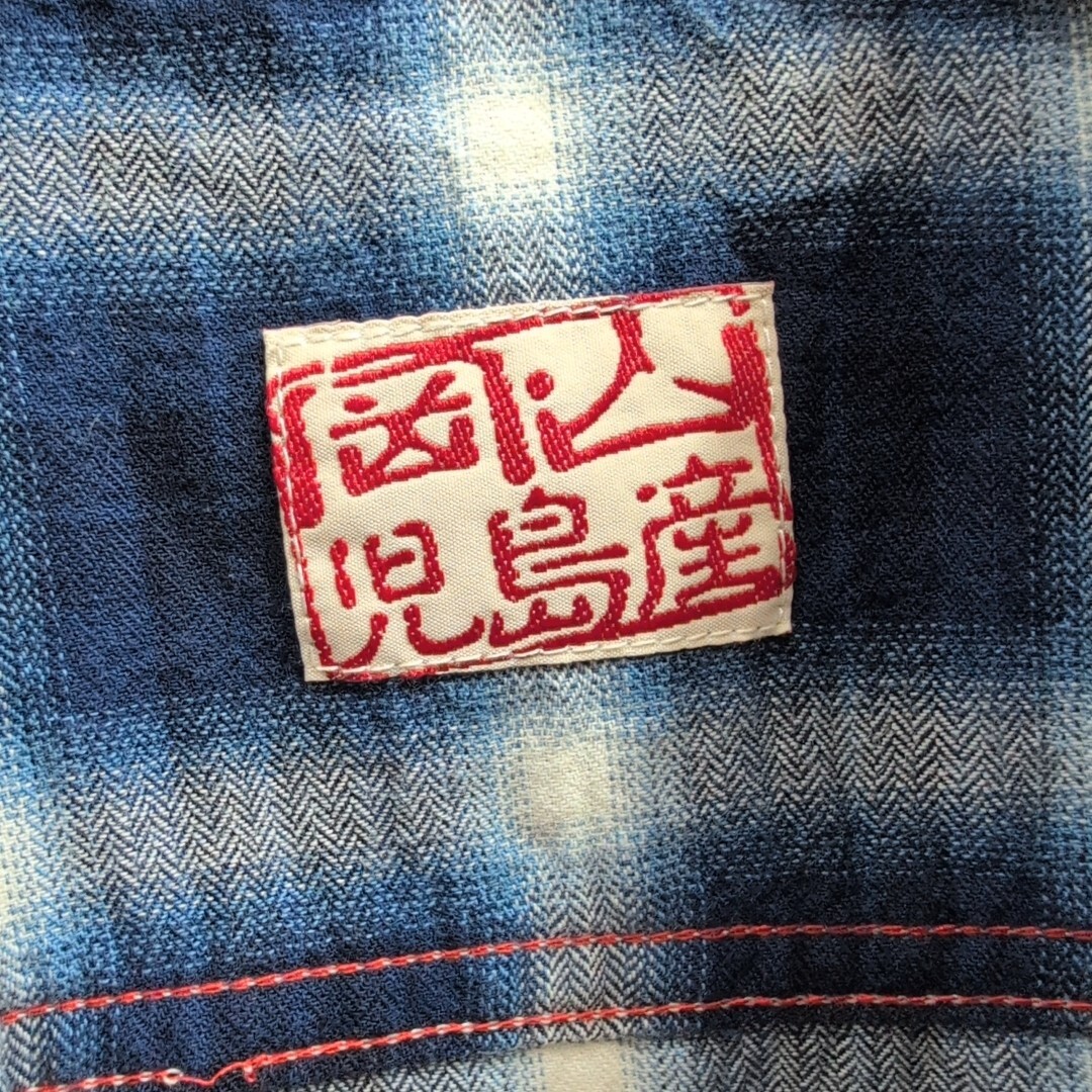 児島ジーンズ オンブレチェック 半袖 ワークシャツ L メンズ 日本制 半袖シャツ/桃太郎ジーンズ/fob factory/ジャパンブルージーンズ