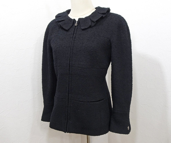 【質(zhì)コニシ】【CHANEL/シャネル】ジップアップジャケット レディース 黒 ブラック ウール サイズ38 フリル【送料込み】l2631y