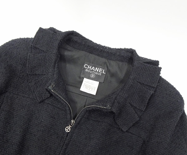 【質(zhì)コニシ】【CHANEL/シャネル】ジップアップジャケット レディース 黒 ブラック ウール サイズ38 フリル【送料込み】l2631y