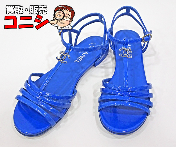 【質(zhì)コニシ】【CHANEL/シャネル】サンダル フラットシューズ ブルー 青 サイズ39 レディース 箱付き 美品【送料込み】l2607y