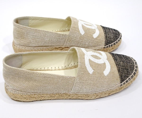 【質(zhì)コニシ】【CHANEL/シャネル】エスパドリーユ シューズ 靴 サイズ38 ホワイトベージュ系 白 g29762 レディース【送料込み】l2675y