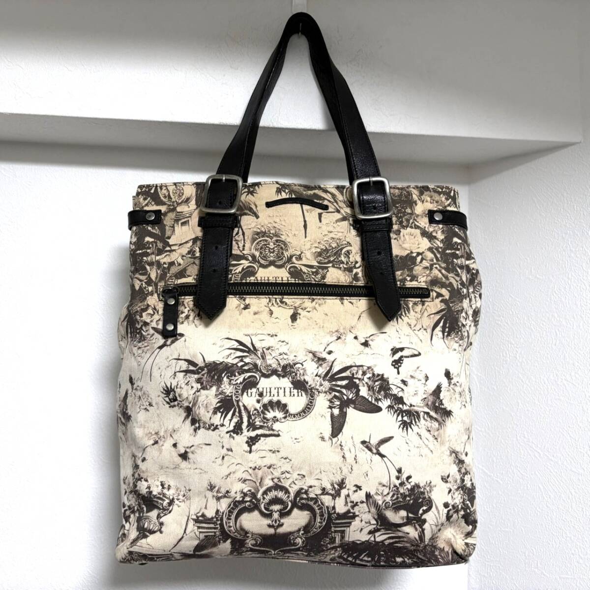 1円 JEAN PAUL GAULTIER EDEN PRINTED LOGO CANVAS LEATHER TOTE BAG ジャンポールゴルチエ エデン柄 プリント トートバッグ キャンバス