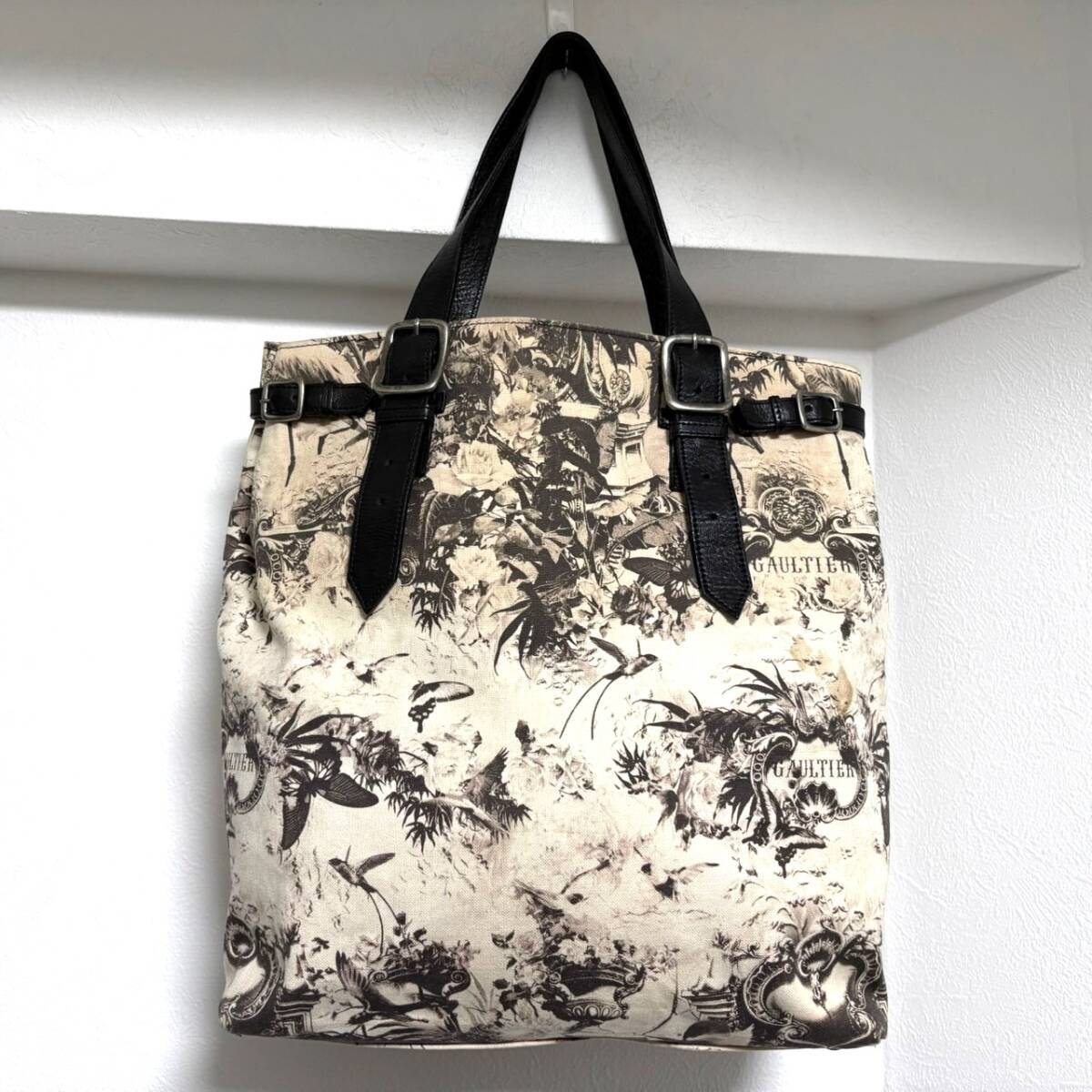 1円 JEAN PAUL GAULTIER EDEN PRINTED LOGO CANVAS LEATHER TOTE BAG ジャンポールゴルチエ エデン柄 プリント トートバッグ キャンバス
