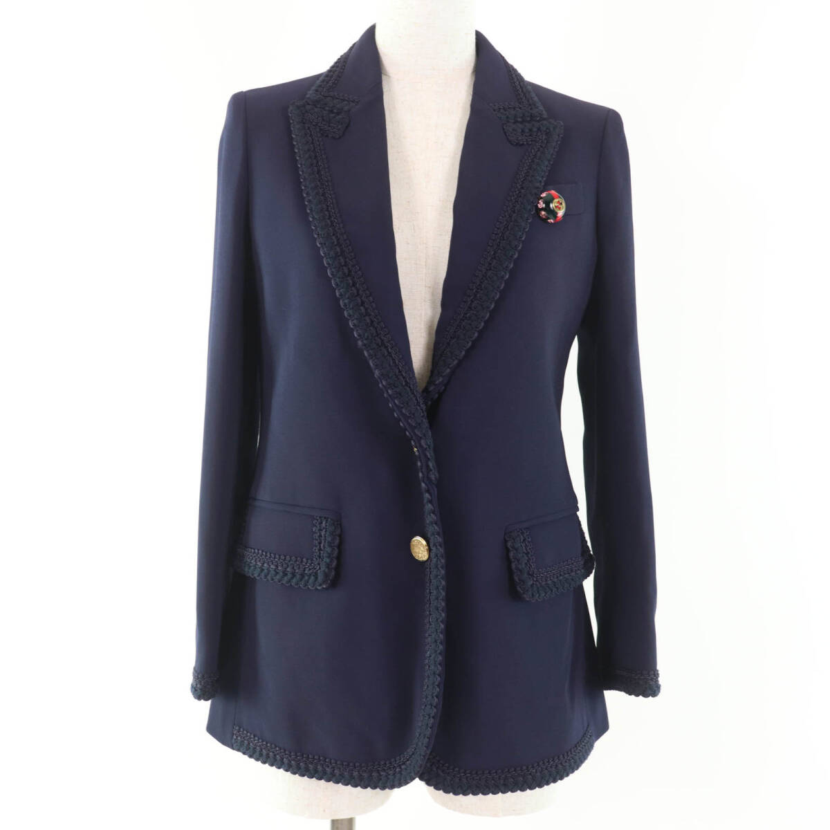 極美品☆GUCCI グッチ 610946 インターロッキングGピンチャーム付 里地ロゴ柄 テーラードジャケット ネイビー 36 伊制 正規(guī)品 レディース