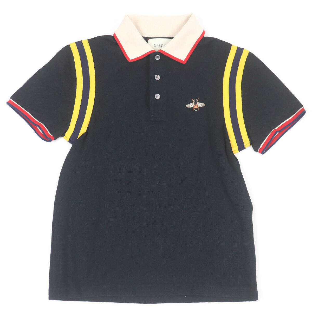 美品□GUCCI グッチ 500971 コットン Beeワッペン ウェブライン ショートスリーブ 半袖ポロシャツ ブラック S イタリア制 正規(guī)品 メンズ