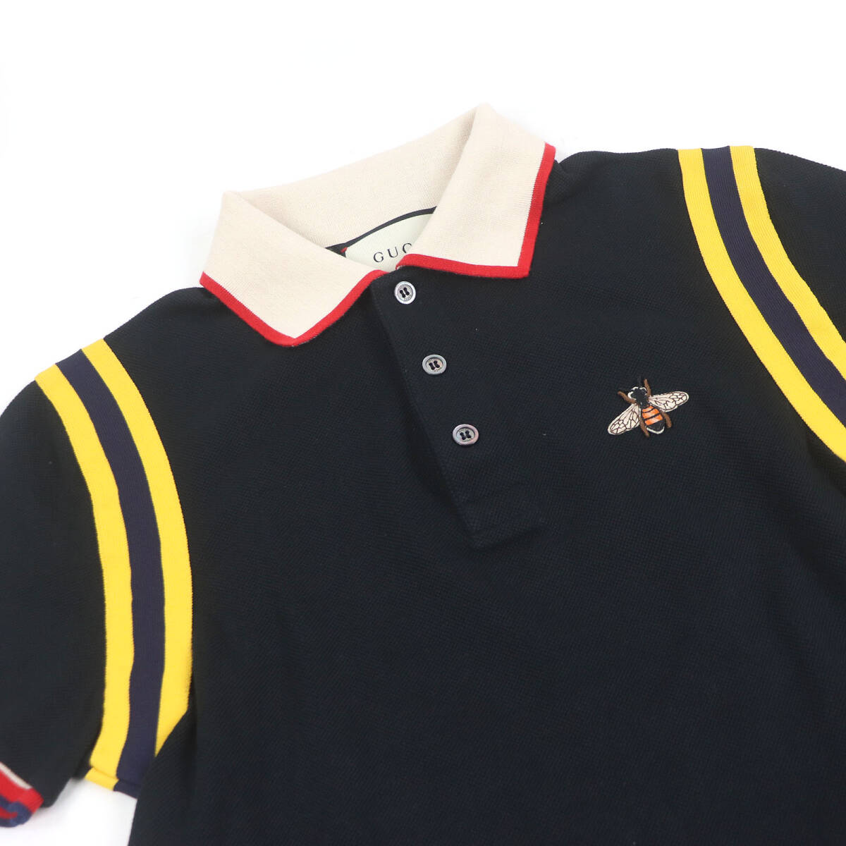 美品□GUCCI グッチ 500971 コットン Beeワッペン ウェブライン ショートスリーブ 半袖ポロシャツ ブラック S イタリア制 正規(guī)品 メンズ