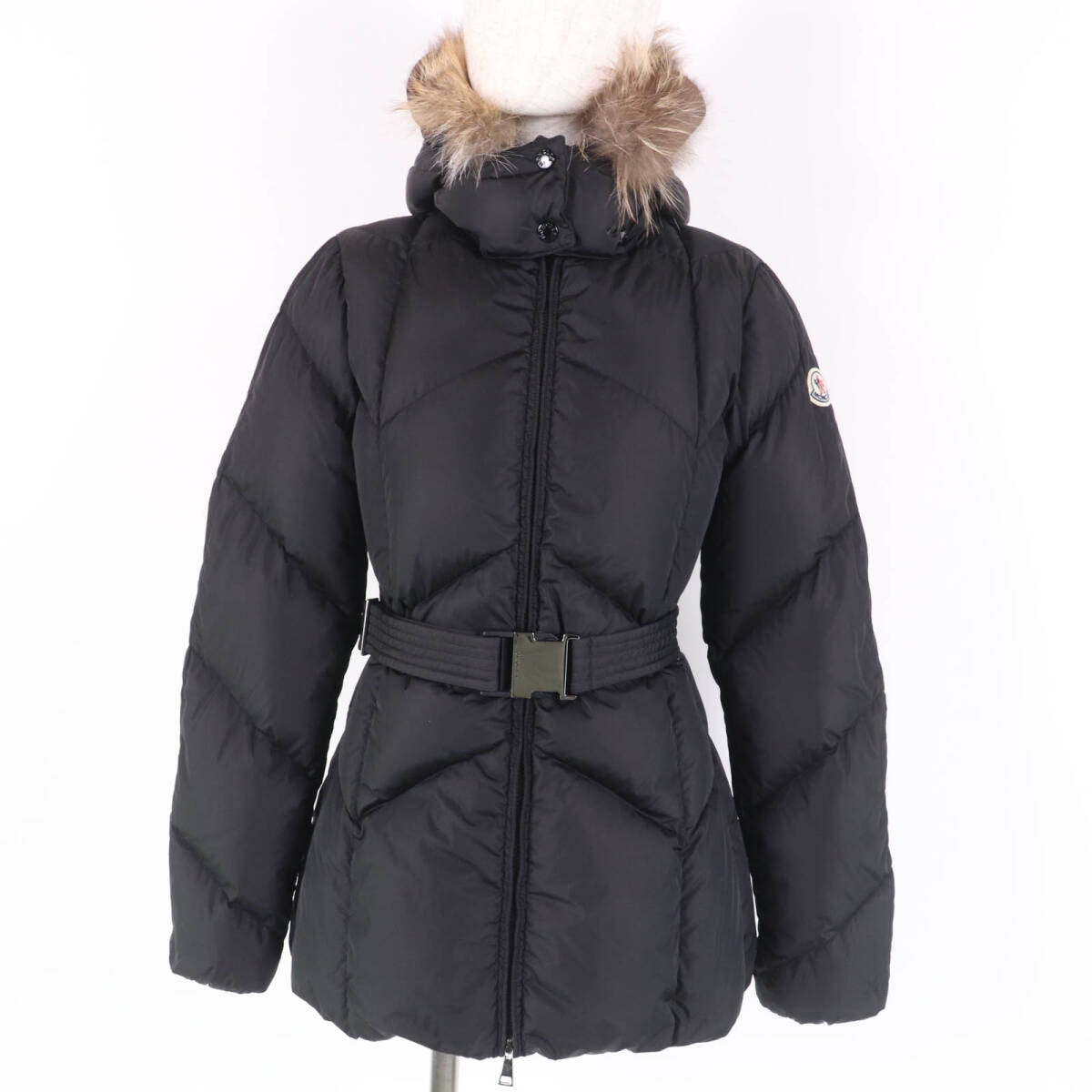 美品☆MONCLER モンクレール 20-21AW ROELAN ゴールドフォックスファー?ベルト付 ダウンジャケット ブラック 0 正規(guī)品 レディース
