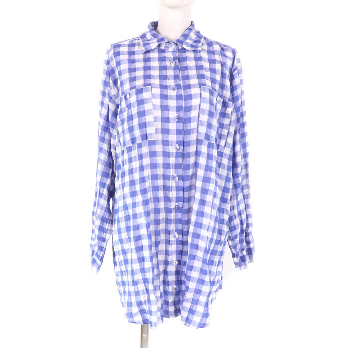 極美品★PLEATS PLEASE プリーツプリーズ イッセイミヤケ PP43-PJ463 ギンガムチェック柄 長(zhǎng)袖シャツ ブルー ホワイト 3 日本制 正規(guī)品