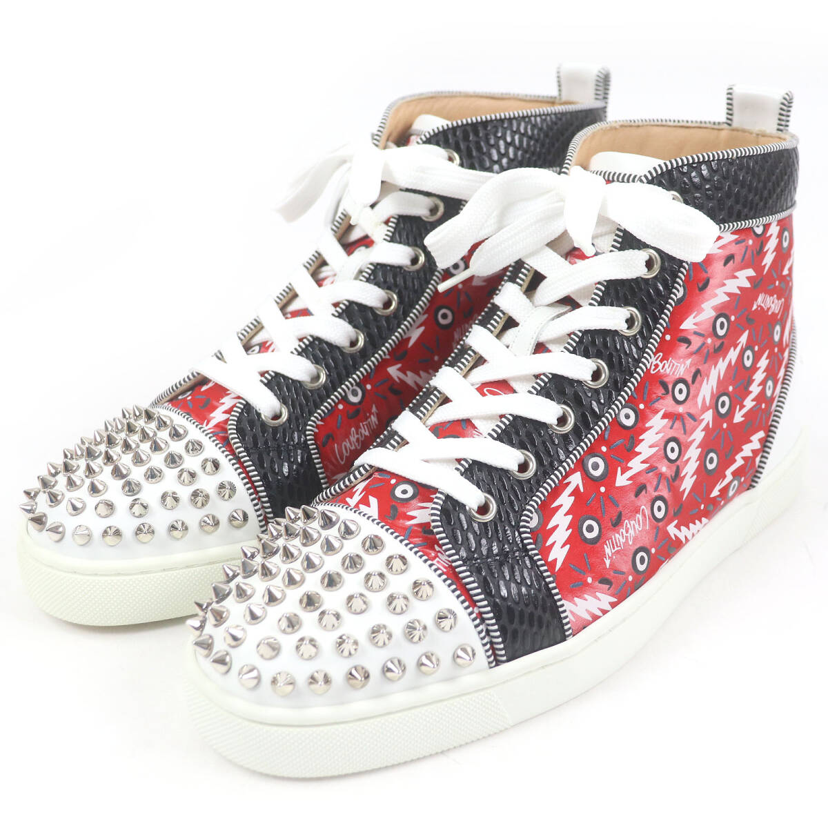 未使用品□クリスチャンルブタン Lou Spikes Orlato Flat スパイクスタッズ パイソン型押し ハイカットスニーカー レッド 40 イタリア制