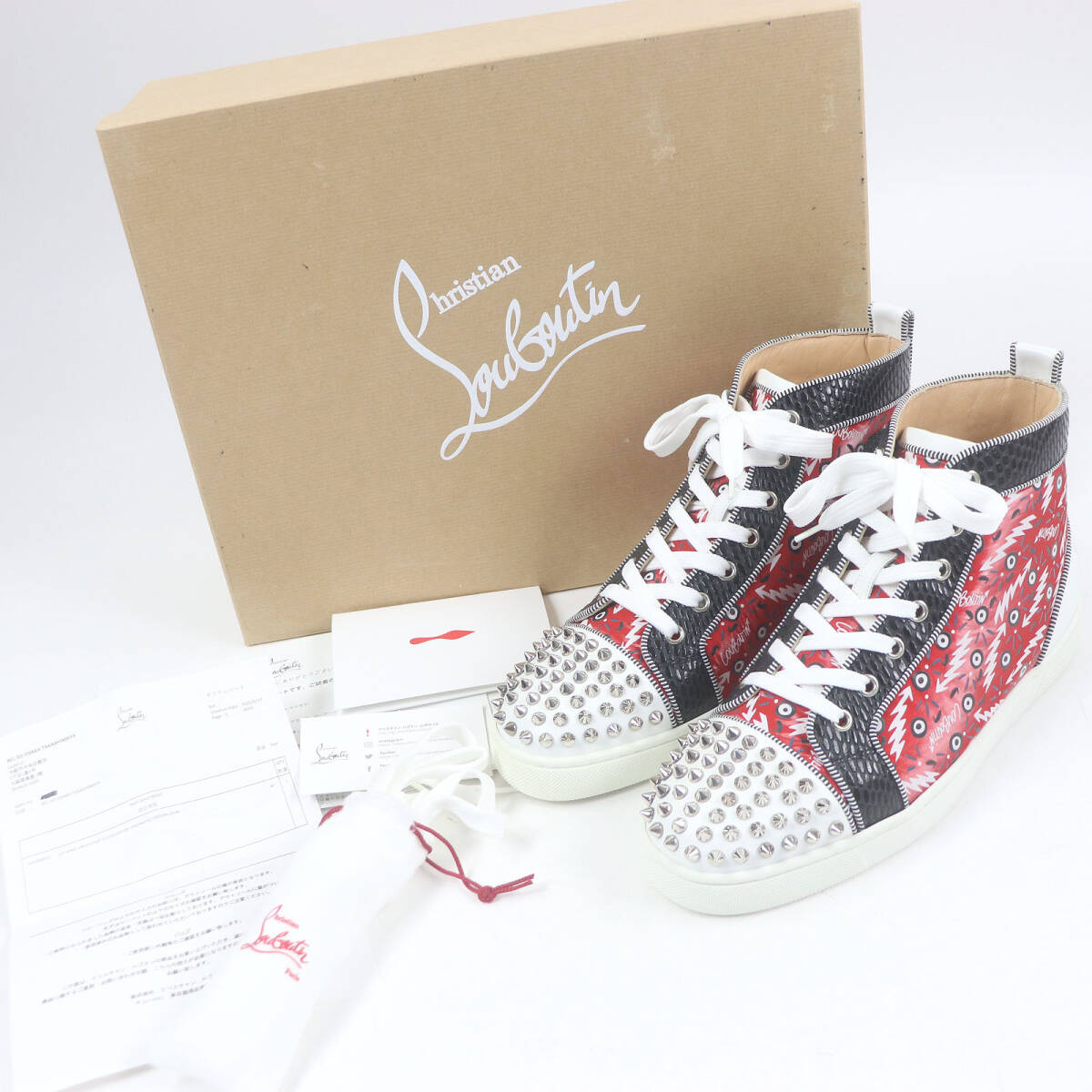 未使用品□クリスチャンルブタン Lou Spikes Orlato Flat スパイクスタッズ パイソン型押し ハイカットスニーカー レッド 40 イタリア制