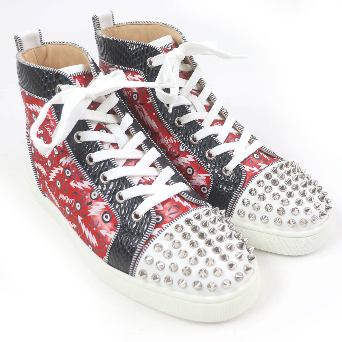 未使用品□クリスチャンルブタン Lou Spikes Orlato Flat スパイクスタッズ パイソン型押し ハイカットスニーカー レッド 40 イタリア制