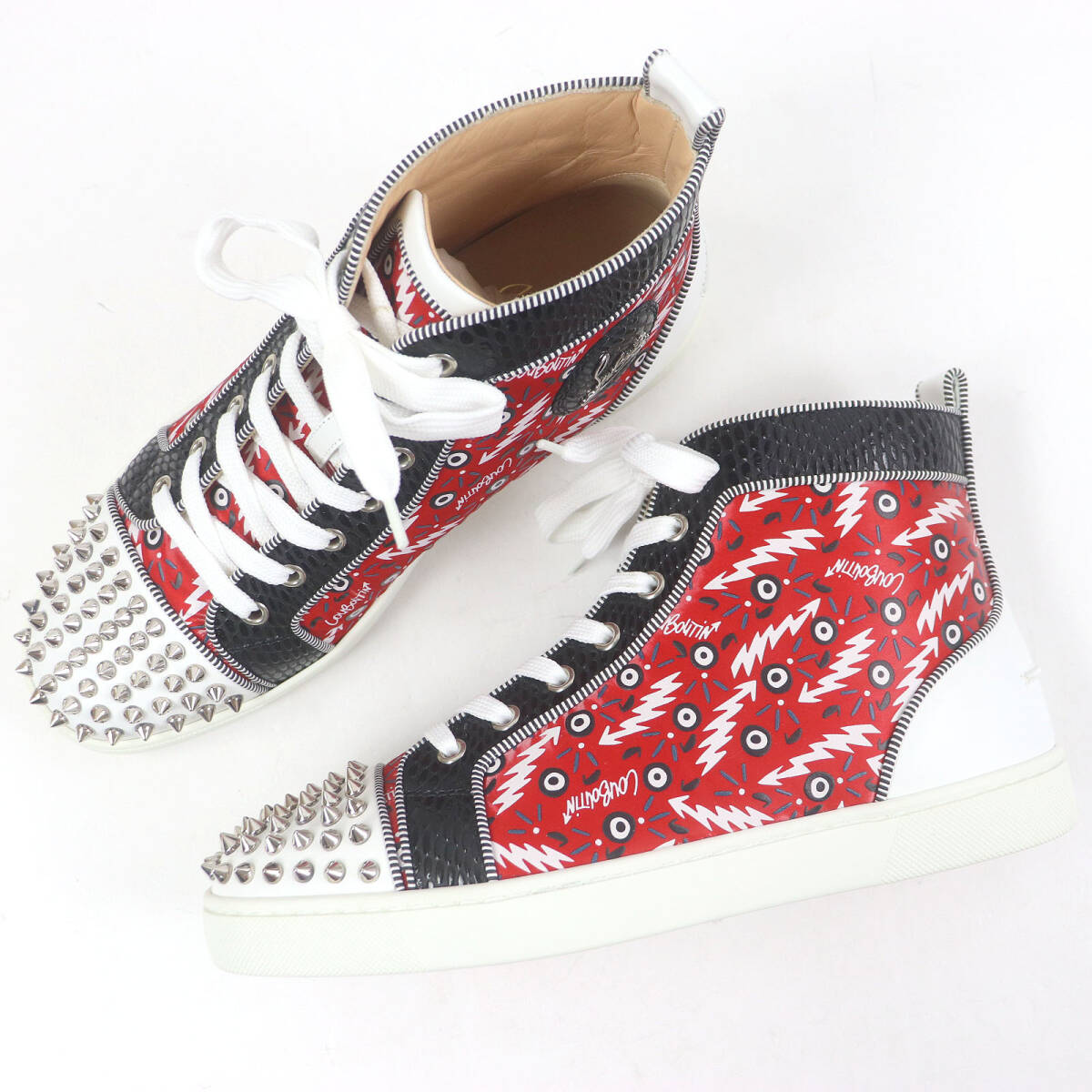 未使用品□クリスチャンルブタン Lou Spikes Orlato Flat スパイクスタッズ パイソン型押し ハイカットスニーカー レッド 40 イタリア制