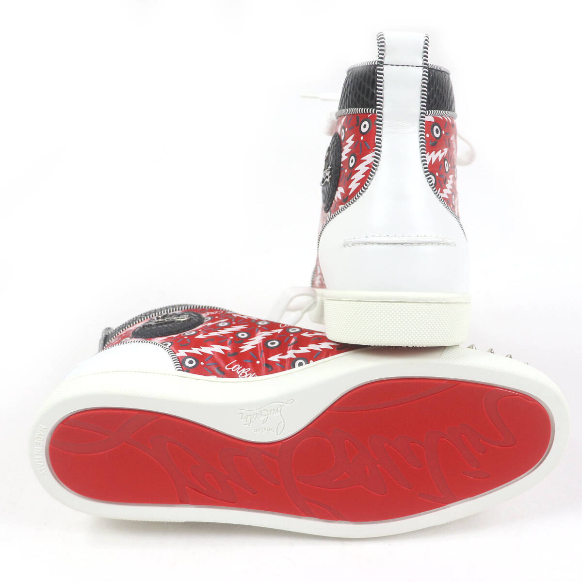 未使用品□クリスチャンルブタン Lou Spikes Orlato Flat スパイクスタッズ パイソン型押し ハイカットスニーカー レッド 40 イタリア制