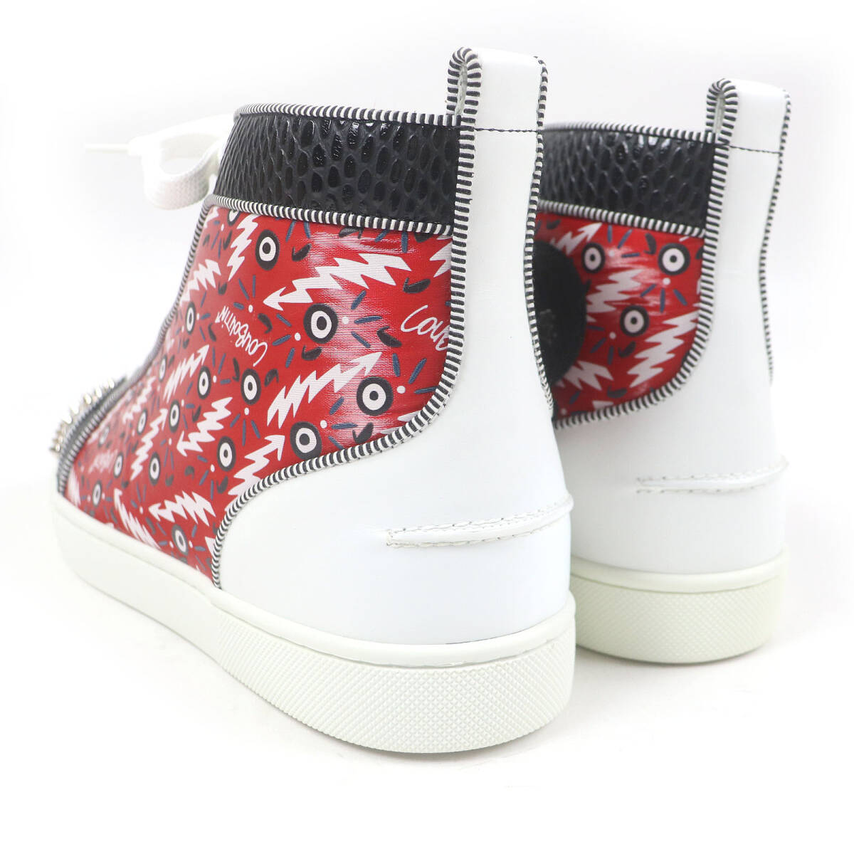 未使用品□クリスチャンルブタン Lou Spikes Orlato Flat スパイクスタッズ パイソン型押し ハイカットスニーカー レッド 40 イタリア制