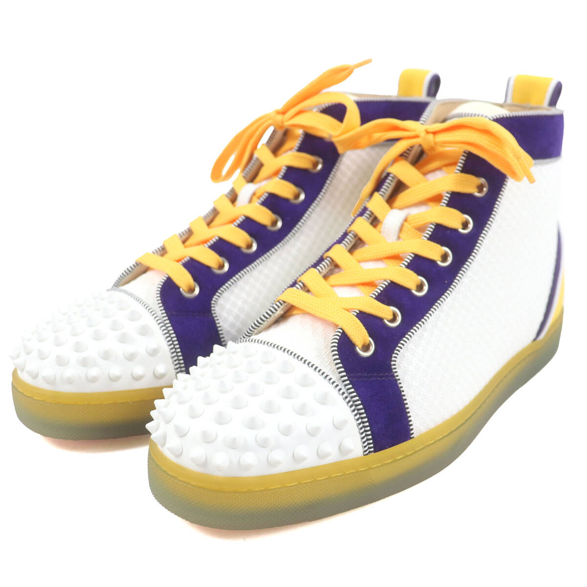 未使用品□クリスチャンルブタン 1200182 FUN LOU SPIKES FLAT スパイクスタッズ ハイカットスニーカー ホワイト パープル 40.5 伊制