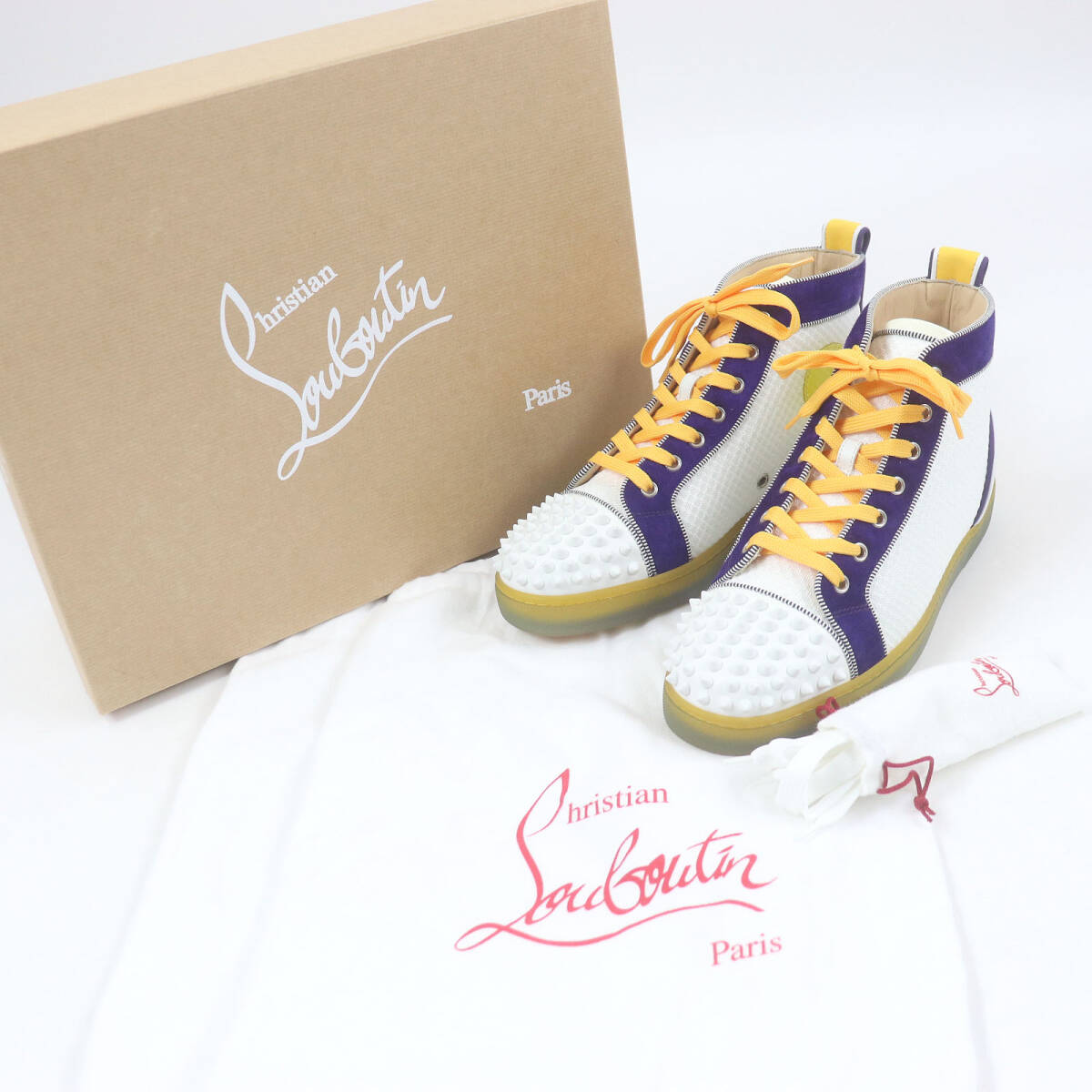 未使用品□クリスチャンルブタン 1200182 FUN LOU SPIKES FLAT スパイクスタッズ ハイカットスニーカー ホワイト パープル 40.5 伊制