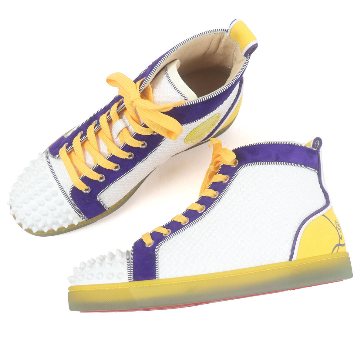 未使用品□クリスチャンルブタン 1200182 FUN LOU SPIKES FLAT スパイクスタッズ ハイカットスニーカー ホワイト パープル 40.5 伊制