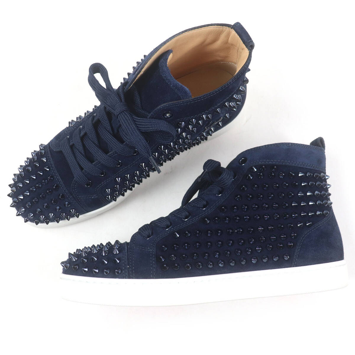 未使用品□クリスチャンルブタン 3101212 LOUIS FLAT スパイクスタッズ スウェードレザー ハイカットスニーカー 紺 40.5 イタリア制