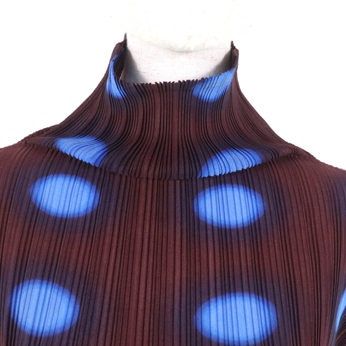 極美品★PLEATS PLEASE プリーツプリーズ イッセイミヤケ PP31-FT363 ドット柄 ハイネック 長(zhǎng)袖 プリーツ カットソー ブラウン ブルー 3