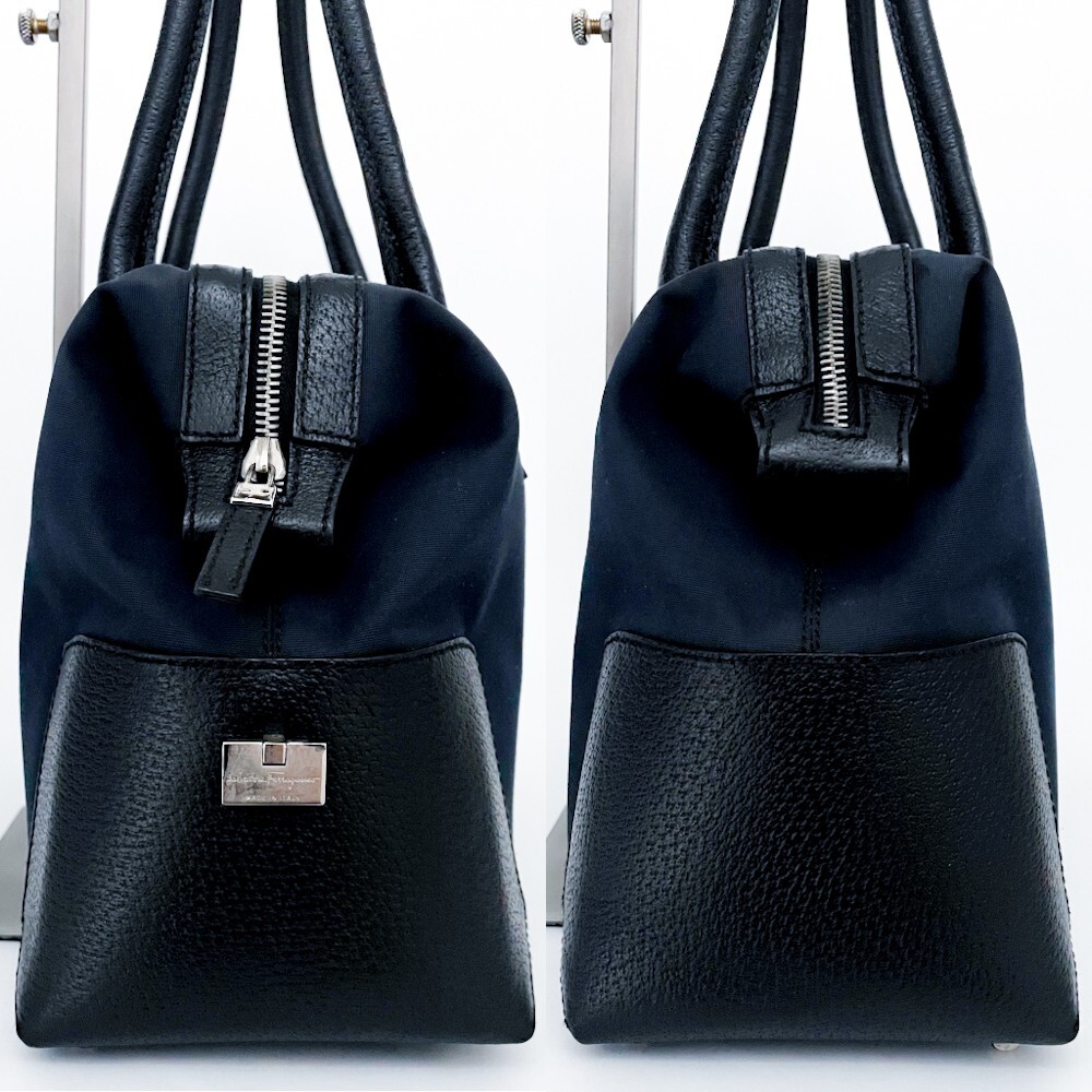 1円■超美品■型崩れ無し■希少デザイン Ferragamo フェラガモ 軽量 キャンバス トートバッグ ビジネス メンズ レディース レザー ネイビー