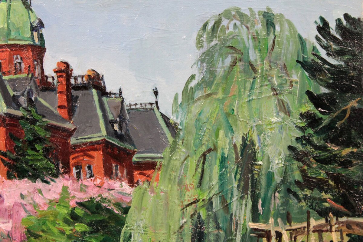 【真作】絵画　平野程一　油彩10号　荘厳な尖塔と街灯の調和　V123 真作】絵画 平野程一 油彩10号 荘厳な尖塔と街灯の調和