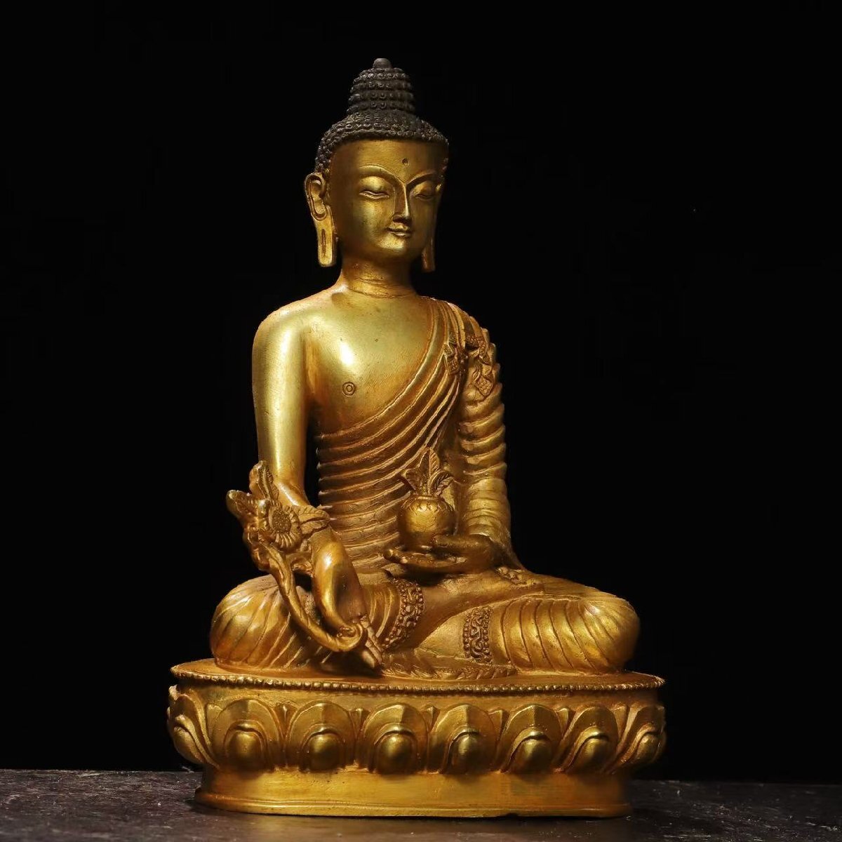 『舊家蔵出品』◆D151 清時代 仏教古美術(shù) チベット密教 藥師仏造像 銅涂金彫 仏像 ?廃寺買取 高さ20cm橫幅13cm
