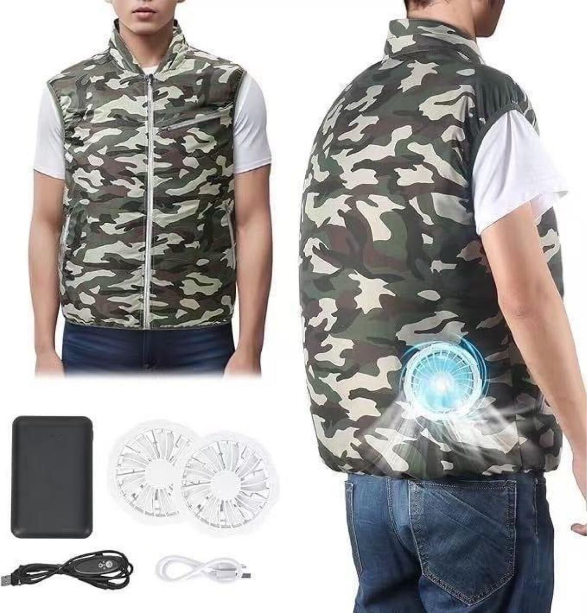 【大特価】作業服 空調服 半袖ベスト 10000mahバッテリー付き アウトドア 工事現場 強力ファン USB充電 迷彩 M 2着セット