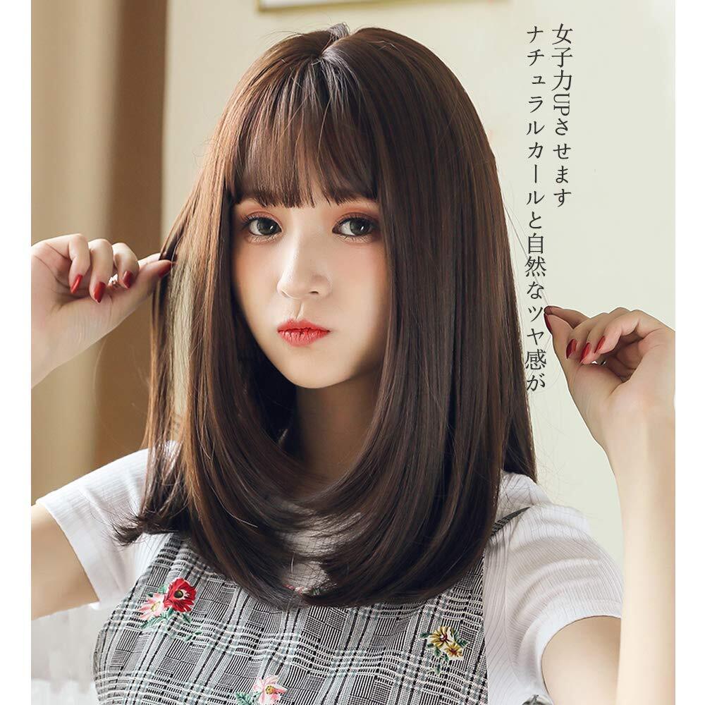 ウィッグ ミディアム セミロング 自然 医療用 耐熱 レディース ふんわり 高品質 軽い WIG ダークブラウン 小顔効果 かつら フルウィッグ