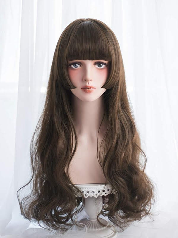 ライトブラウン ウィッグ 自然 原宿 ロリータ 高品質 ロング カール ぱっつん 姫カット 耐熱 ネット付き 軽い 可愛い 自然 ゆるふわ