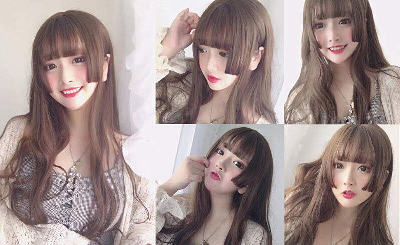ライトブラウン ウィッグ 自然 原宿 ロリータ 高品質 ロング カール ぱっつん 姫カット 耐熱 ネット付き 軽い 可愛い 自然 ゆるふわ