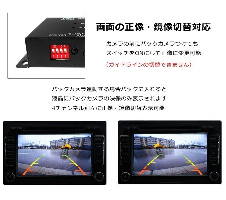 車載用ビデオ映像4分割器 正像、鏡像切り替え付き DC12V サイドカメラやバックカメラ、フロントカメラの一括表示 CARS4SPT