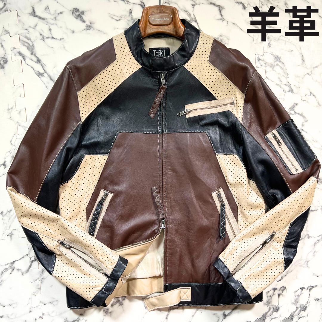 極美品/パッチワーク/羊革 (L) ●TERRIT パンチング切替 シングル ライダース ジャケット 茶黒 ラムレザー バイク 薄手 メンズ ブルゾン