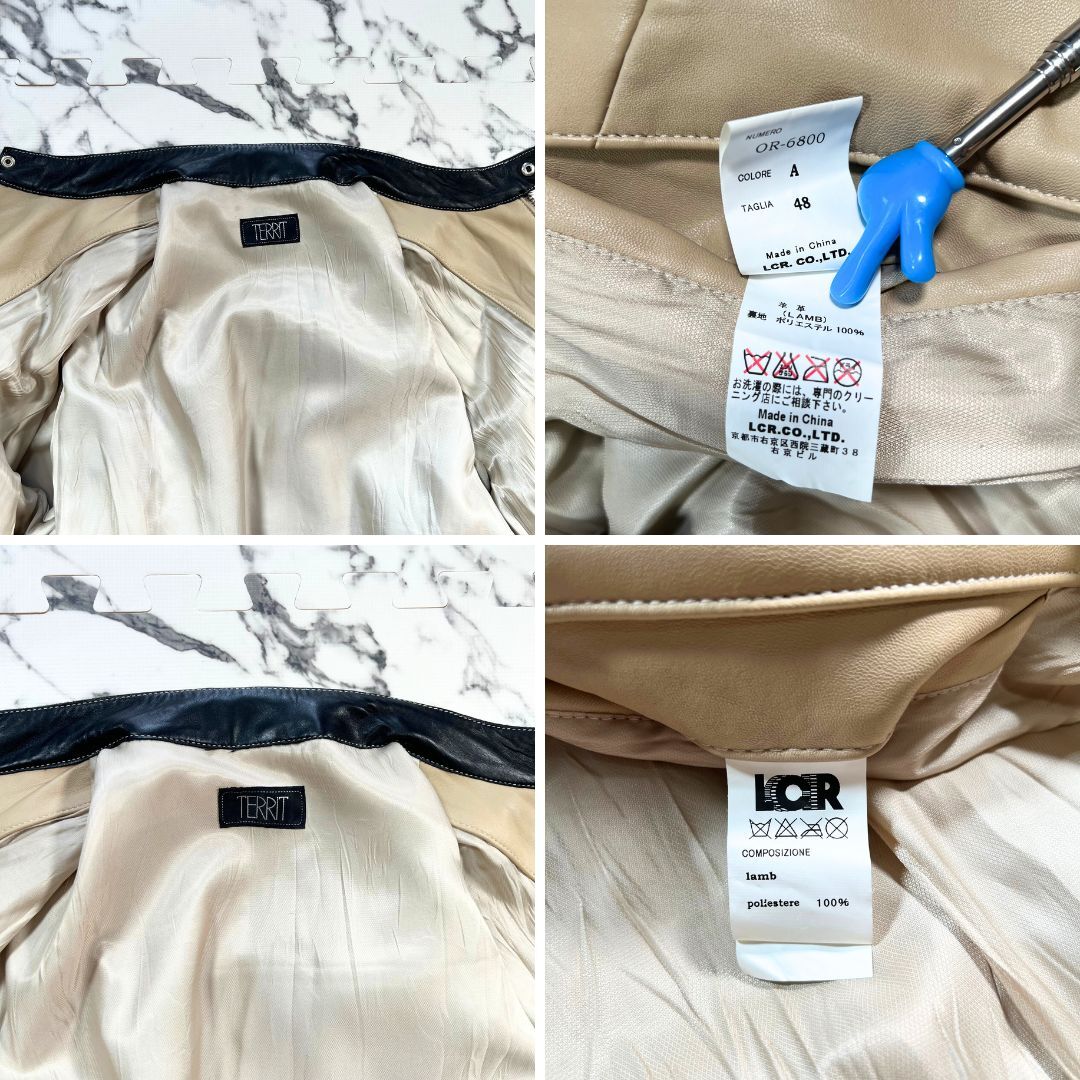 極美品/パッチワーク/羊革 (L) ●TERRIT パンチング切替 シングル ライダース ジャケット 茶黒 ラムレザー バイク 薄手 メンズ ブルゾン
