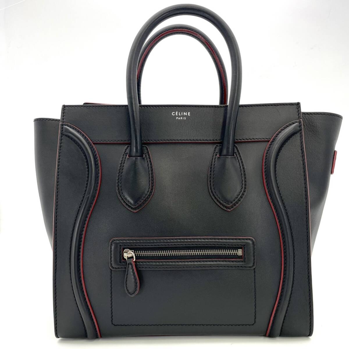 セリーヌ CELINE ラゲージ ミニショッパー ハンドバッグ 黒 レザー ブラック×レッド 美品 7-5-061