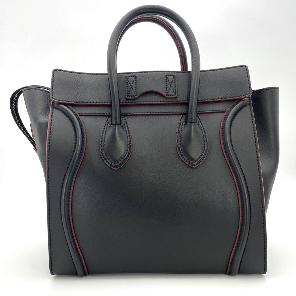 セリーヌ CELINE ラゲージ ミニショッパー ハンドバッグ 黒 レザー ブラック×レッド 美品 7-5-061