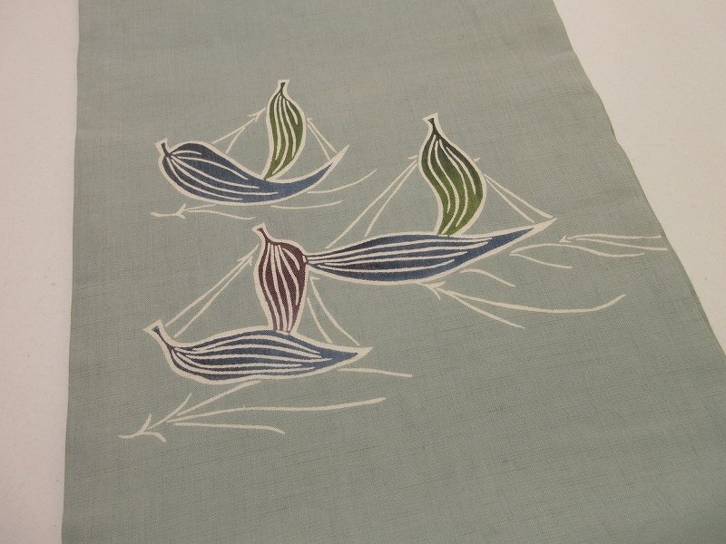 ドークブア■夏帯　九寸開き名古屋帯　麻　型絵染　下平清人　笹舟　極上の逸品　C05