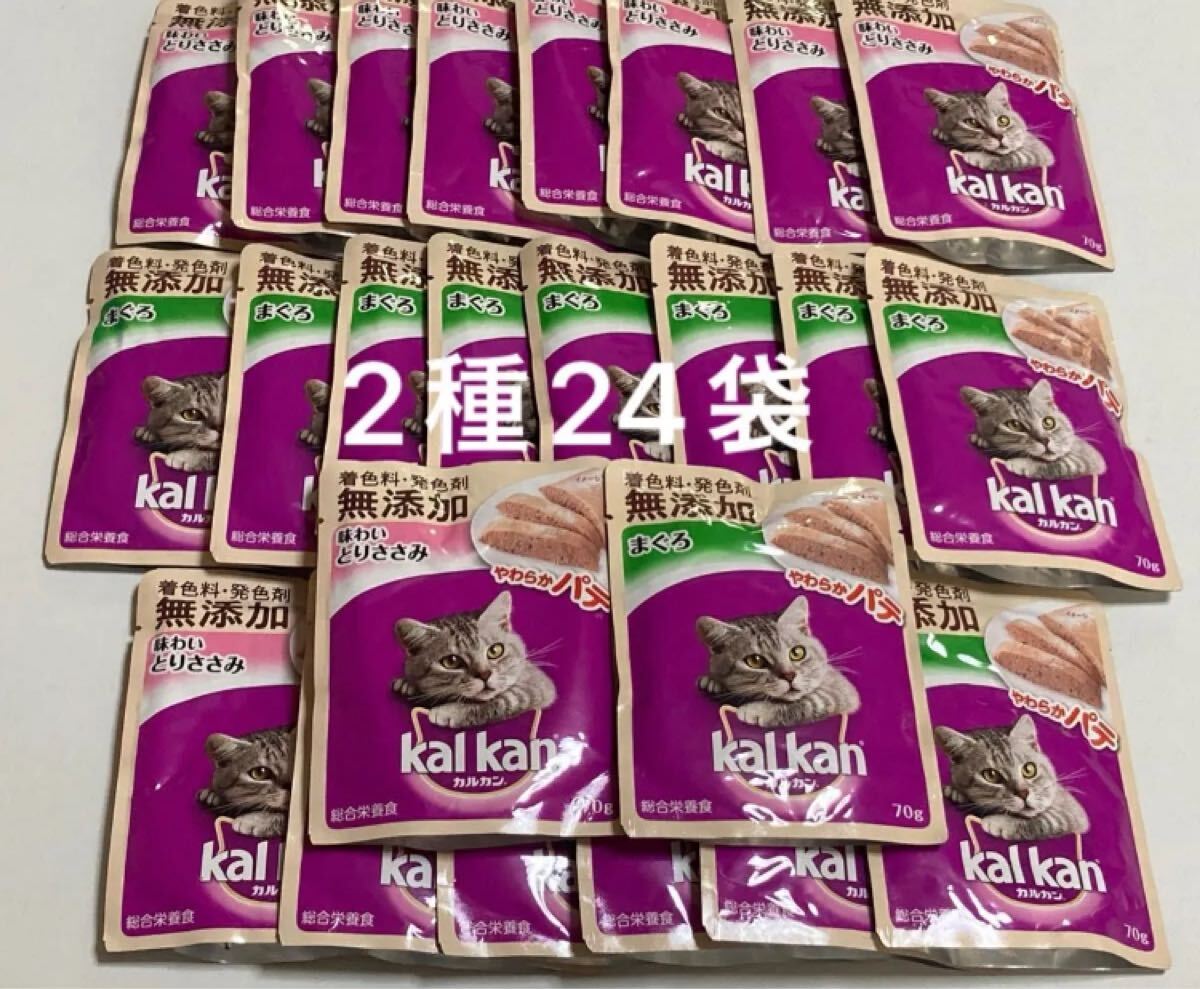カルカン パウチ 総合栄養食 やわらかパテ 70g 味わいとりささみ12袋、まぐろ12袋、計24袋　