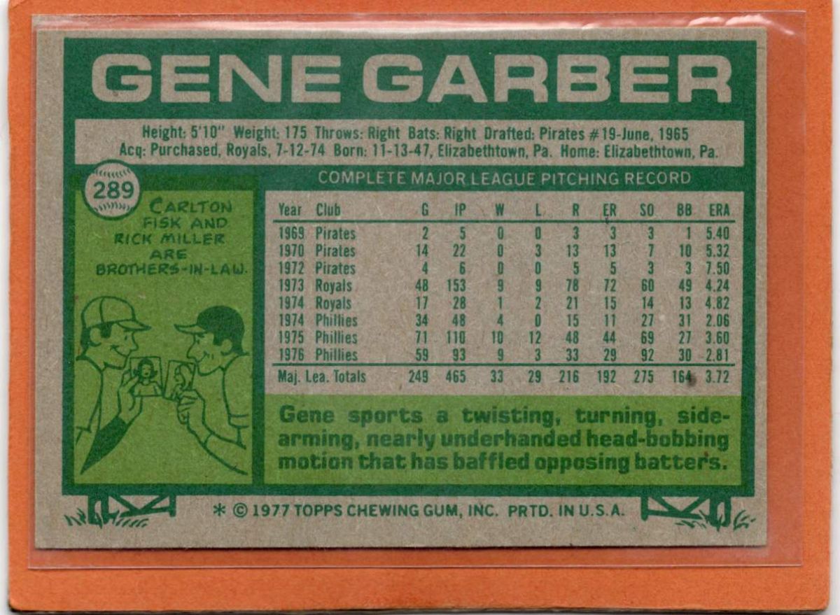 ●ジーン?ガーバー　カード　Vol.3　1977TOPPS #289　218セーブ　リリーフ敗戦108?。綒s代ワースト　フィラデルフィア?フィリーズ