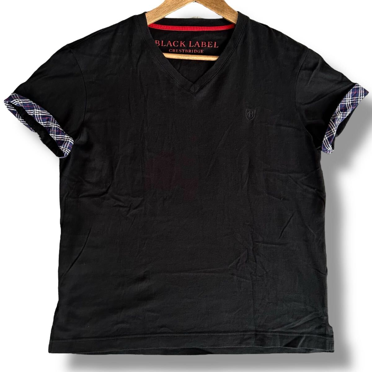 チェック切替 XLサイズ BLACK LABEL CRESTBRIDGE ブラックレーベルクレストブリッジ Vネック Tシャツ 黒 ブラック コットン100% 刺繍