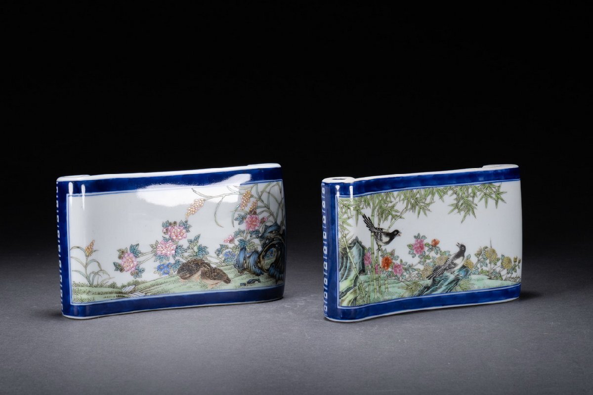 【善古堂】某収集家放出品 清時代 大清干隆年制 粉彩花鳥図墨床 一雙 書道具 當(dāng)時物 中國伝來 古美術(shù) 骨董品74S-263S3