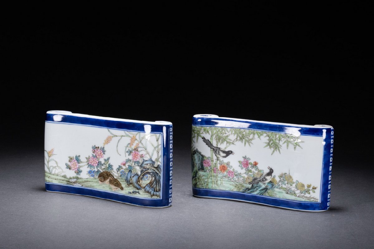 【善古堂】某収集家放出品 清時代 大清干隆年制 粉彩花鳥図墨床 一雙 書道具 當(dāng)時物 中國伝來 古美術(shù) 骨董品74S-263S3