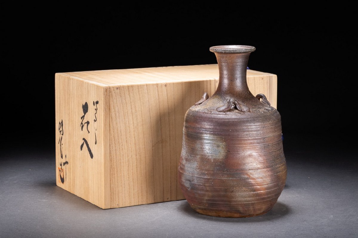 善古堂】備前焼「難波総城」作 三耳徳利花瓶 花入 花生 直入識箱