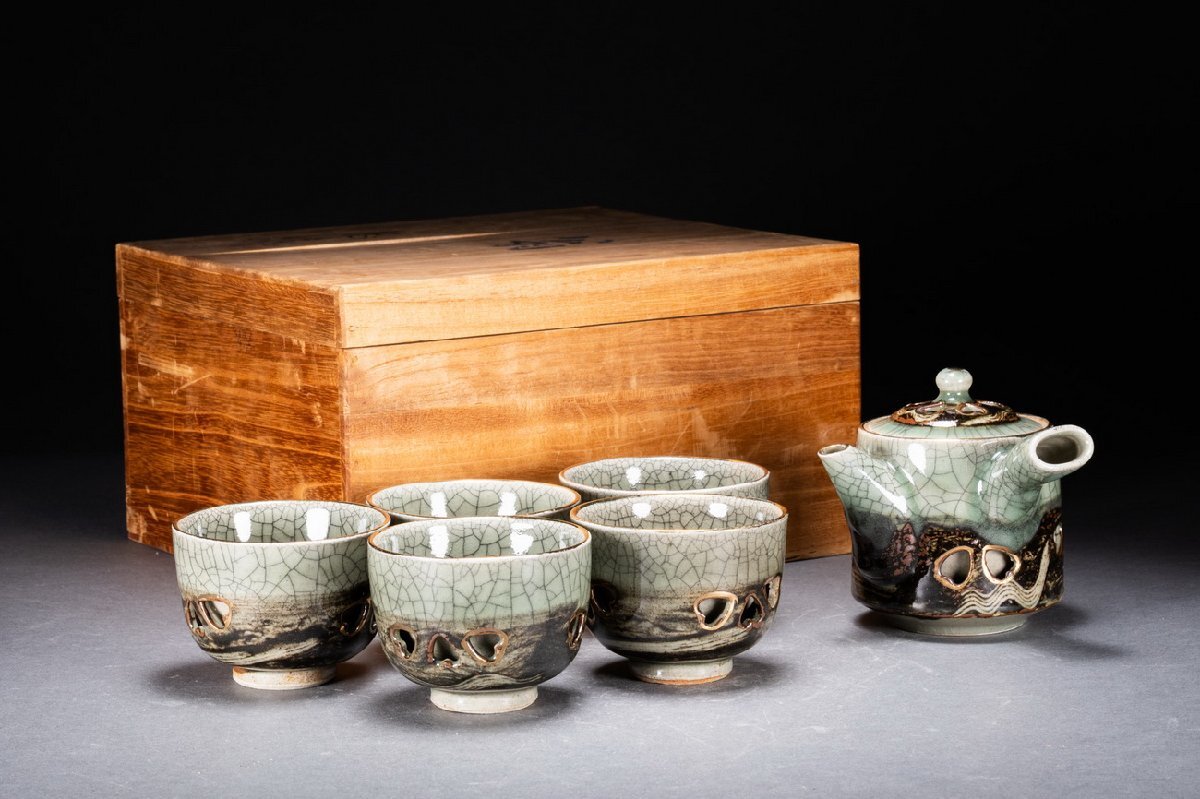善古堂】相馬焼 茶碗 急須 湯冷まし 茶煎道具 共箱 真作保証