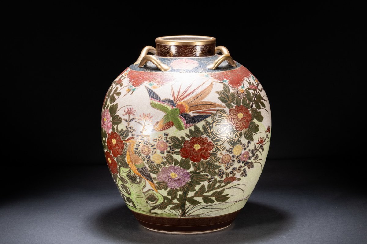 善古堂】九谷焼「湖東」作 色絵金彩 花鳥図花瓶 花入 花生 和風